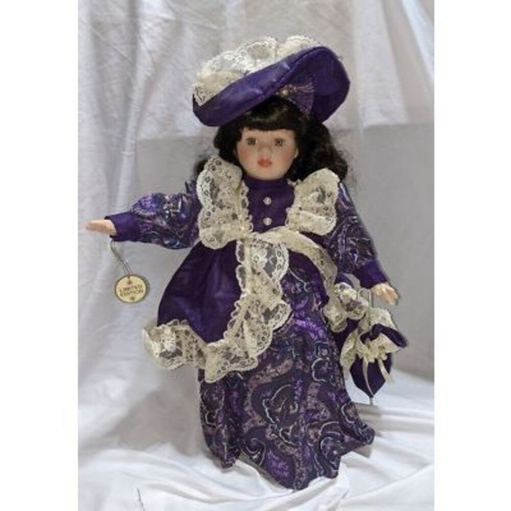 Porcelain Doll in Purple Victorian Style Dress with Hat and Umbrella